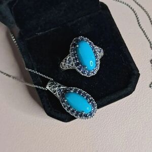 Sleeping Beauty Turquoise & Catalina Iolite Halo Ring & Pendant Necklace